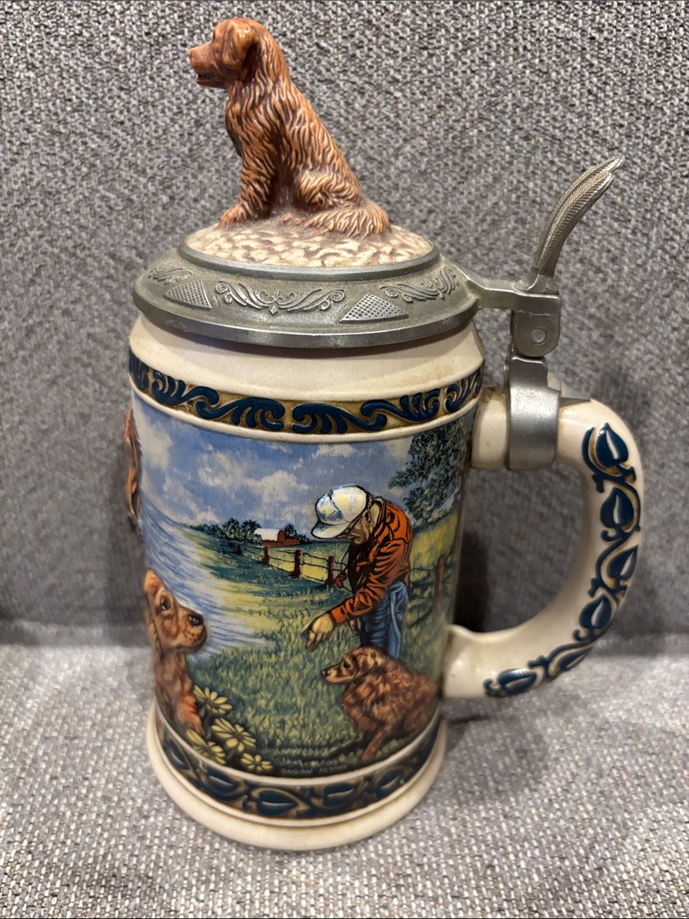 Decorative Ceramic Dog-Themed Beer Stein in Brown and Blue